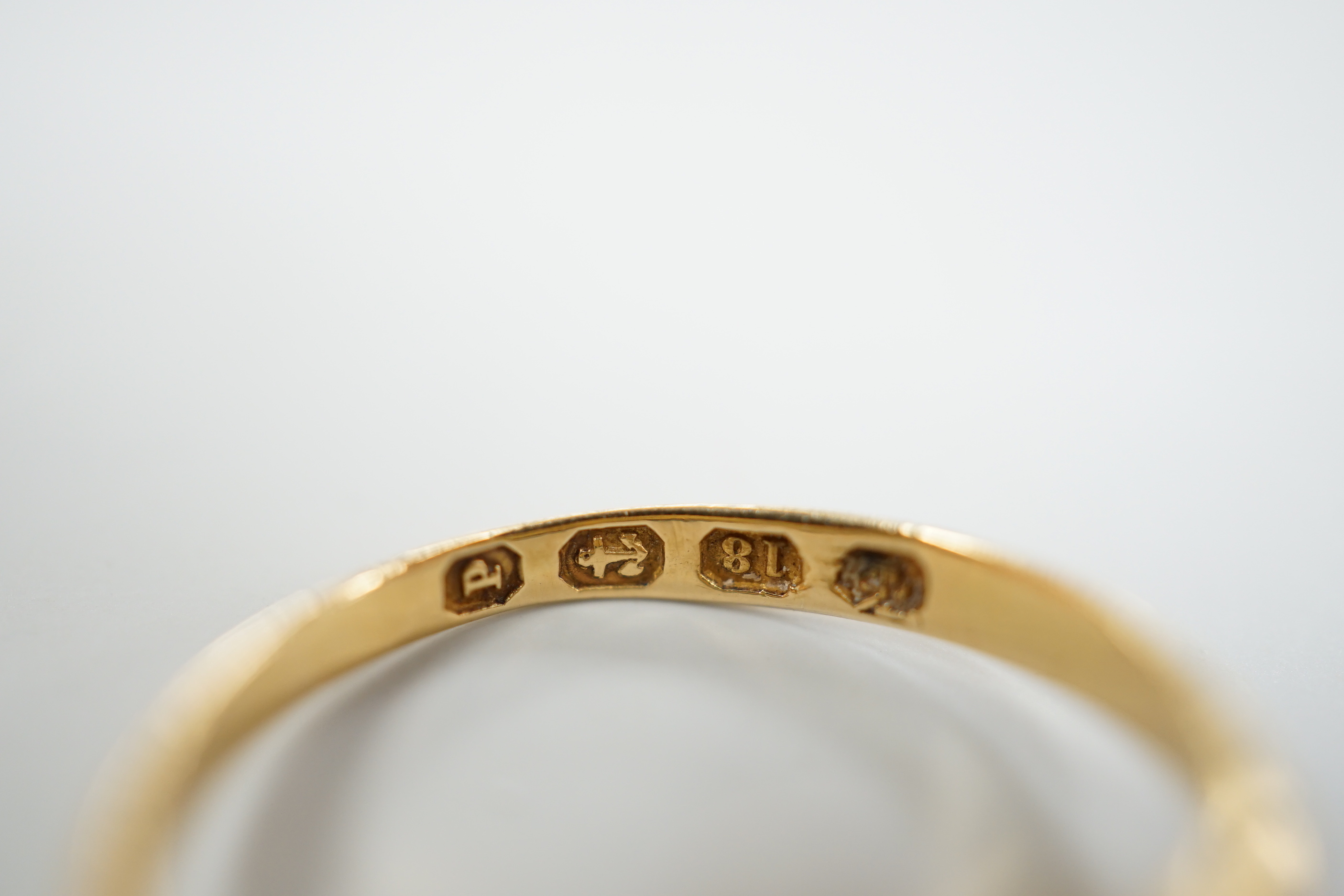 A Victorian 18ct gold, enamel, rose cut diamonds and split pearl set ring, size L, gross weight 2.9 grams.